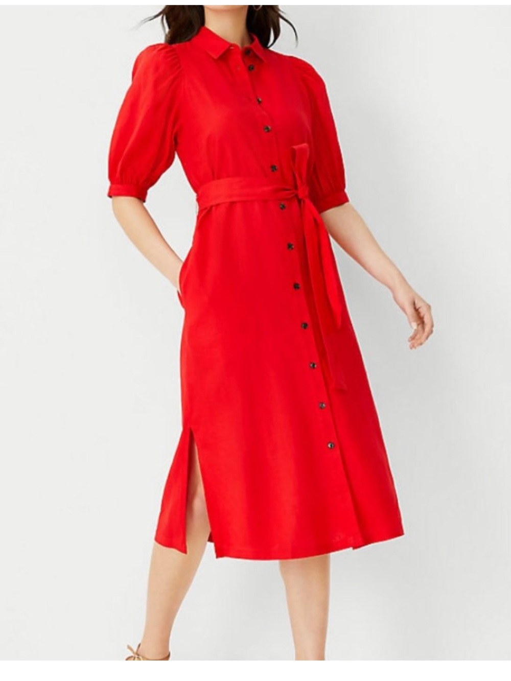 Ann Taylor Linen Blend Bright Red Button-Front Tie-Waist Puff Sleeve Midi Dress